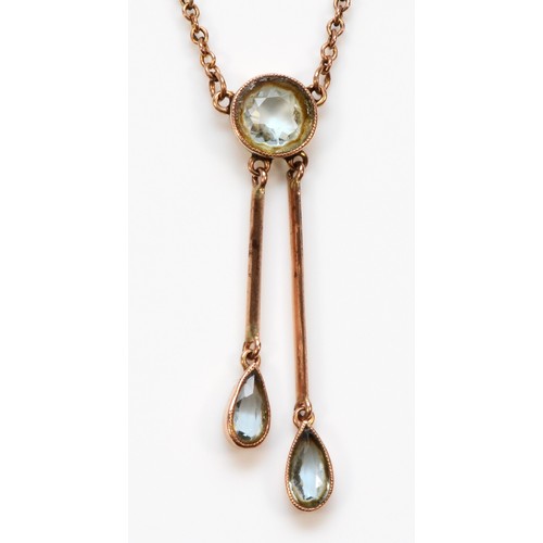 619 - An Edwardian rose gold and aquamarine drop necklace, milgrain edging, 40mm drop, 3.7g