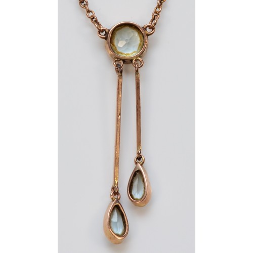 619 - An Edwardian rose gold and aquamarine drop necklace, milgrain edging, 40mm drop, 3.7g