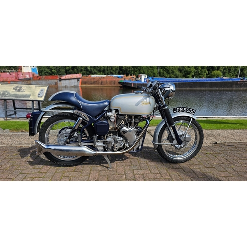 1965 Velocette Thruxton, Registration number JPG 600C. Frame number RS18405. Engine number VMT 118.
Sold with the V5C, various old MOT's and tax discs, receipts and books.
The Thruxton was produced between 1965 and 1971, it was the final development of Velocette's pushrod single, the Venom. A very rare machine, only 1,108 Thruxtons were manufactured before the company collapsed in 1971.
Based on the existing Venom, the Thruxton featured a tuned engine with revised big-valve cylinder head, Amal GP carburettor, clip-on handlebars, rear-set footrests and a twin-leading-shoe front brake as standard equipment and was named after the Hampshire race track. 
JPG is the 18th Thruxton produced and has had only 3 owners. The first, G. Nichols bought it on the 5th of July 1965, next came J. Prince in 1988 and our vendor bought it in 2016. 
During his tenure he has changed the BTH magneto and Alton alternator, added the centre stand, fitted a Mikuni carb and changed the handlebars and seat. All of the original parts come with the machine. It is in good running order and a video is available of it running.