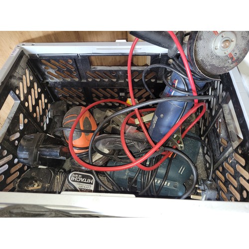 34 - Plastic box containing unboxed electrical tools to include drill, battery drill, booster cables. Als... 