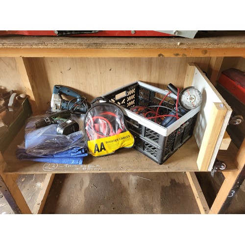 34 - Plastic box containing unboxed electrical tools to include drill, battery drill, booster cables. Als... 