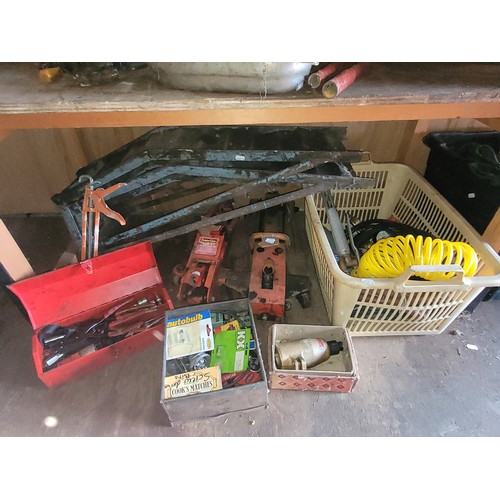 40 - A pair of metal car ramps, 2 x trolley jacks, a box containing air lines, gas cutting nozzle along w... 