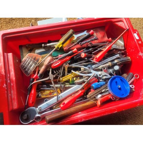 47 - Plastic tub containing a selection of hand tools to include spanners, screwdrivers and allen keys.