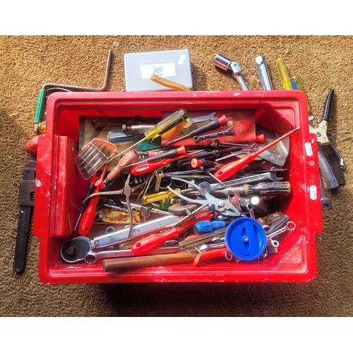 47 - Plastic tub containing a selection of hand tools to include spanners, screwdrivers and allen keys.