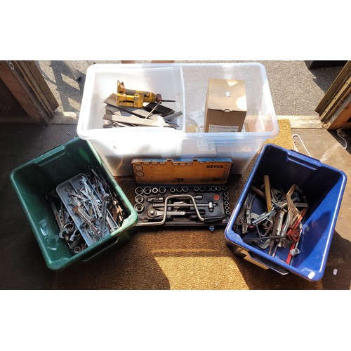 50 - 2 boxes of various hand tools to include spanners, saws, screwdriver and sockets.