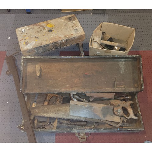 58 - An early 20th century carpenters tool box and contents to include various hand tools, together with ... 