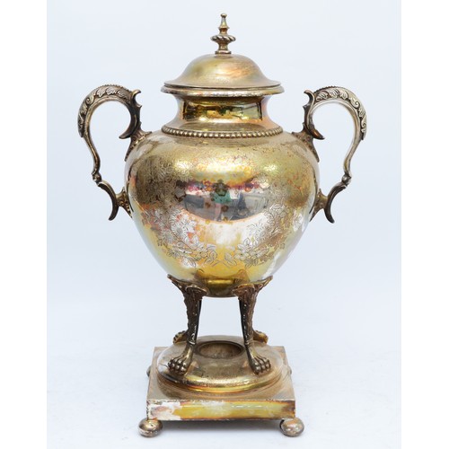 38 - A 20th century electroplated tea urn, by Walker and Hall, with engraved floral decoration, leaf capp... 