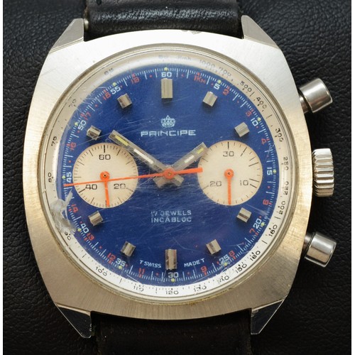 48 - Principe, a stainless steel manual wind chronograph gentleman's wristwatch, c.1970's blue dial with ... 