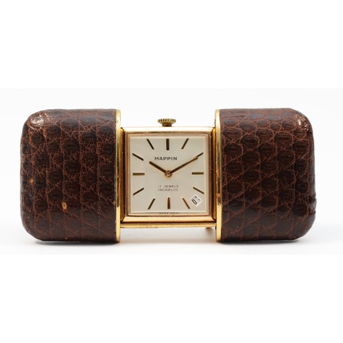 51 - Mappin, a gold plated and leather cased handbag watch, with   date aperture and baton markers, 77 x ... 