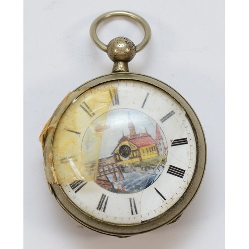 52 - Charles Cabrier, London, an 18th century white metal painted dial pocket watch, the fusee movement s... 