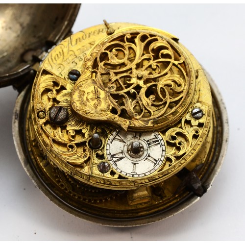 54 - Haydock Andrews, Dublin, an 18th century Irish repousse silver and painted dial pair cased fusee poc... 