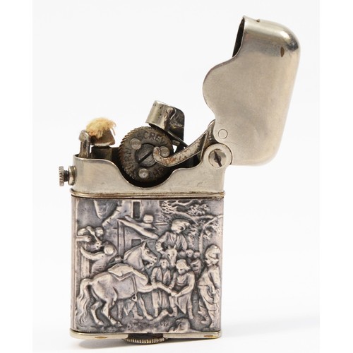 59 - Thorens, a 935 silver cased petrol lighter, Pat Jan 1920, decorated with a horse scene, 49mm