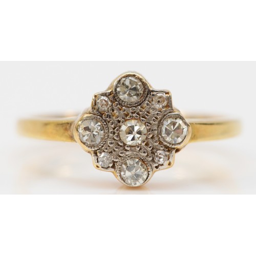 80 - An unmarked 18ct gold five stone diamond ring, bezel setting, K 1/2, 3.2g