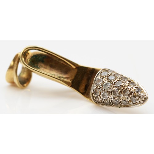 85 - A 9ct gold pendant in the shape of a shoe, brilliant cut diamonds to the toe section of the shoe, Lo... 