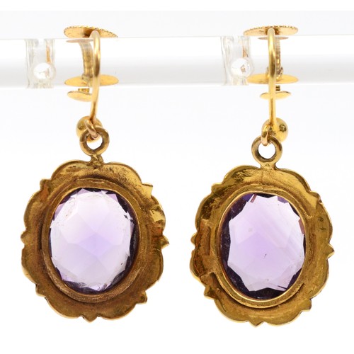 86 - A Victorian pair of unmarked gold screw fitting amethyst earrings, total earring length is 17mm, ame... 