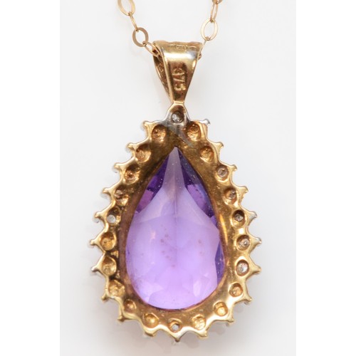 95 - A 9ct gold pear cut amethyst and diamond pendant, 18mm length, 2.5g