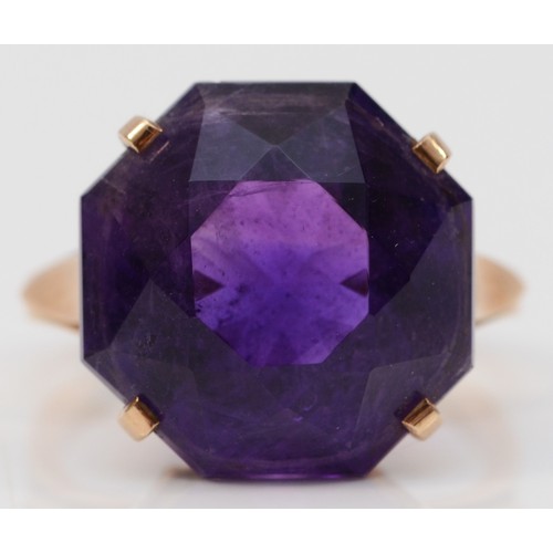 107 - A 9ct rose gold fancy cut amethyst dress ring, 15mm x 15mm amethyst, M, 4.8g