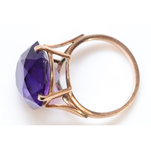 107 - A 9ct rose gold fancy cut amethyst dress ring, 15mm x 15mm amethyst, M, 4.8g