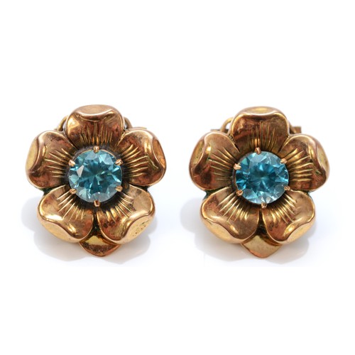 111 - A pair of 9ct rose gold vintage blue zircon floral clip on earrings, 15mm diameter in total, 5.5g