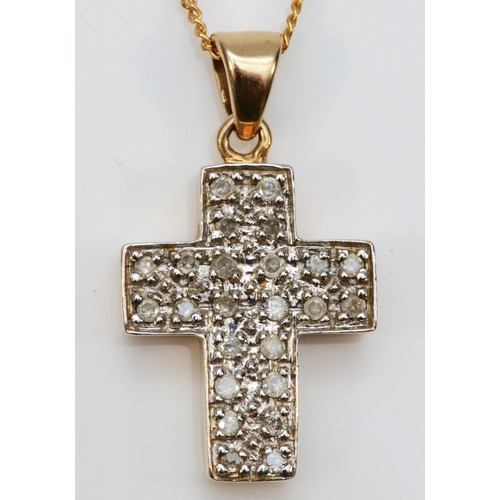 117 - A 9ct gold diamond cross pendant with chain, 0.25ct stated diamond weight, 16mm cross length, 4.2g