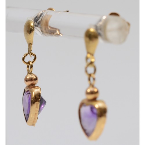 123 - A pair of 9ct gold heart shaped amethyst drop earrings with scroll backs, 20mm total drop, 5mm heart... 