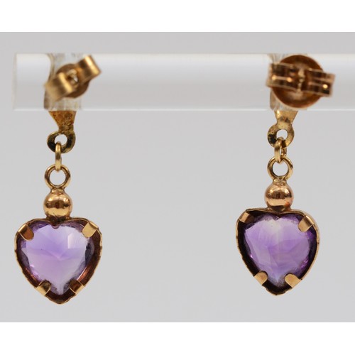 123 - A pair of 9ct gold heart shaped amethyst drop earrings with scroll backs, 20mm total drop, 5mm heart... 