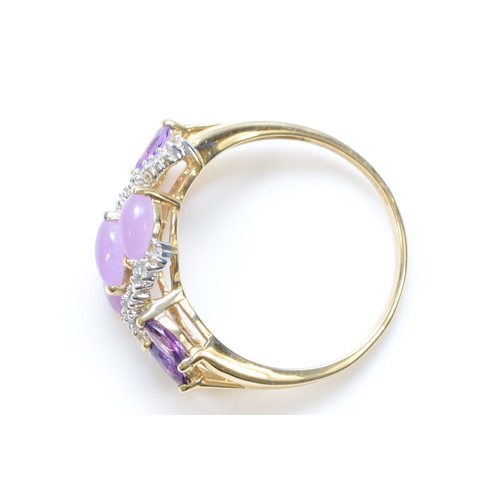 125 - A 9ct gold lavender jade, amethyst and diamond dress ring, T, 2.8g