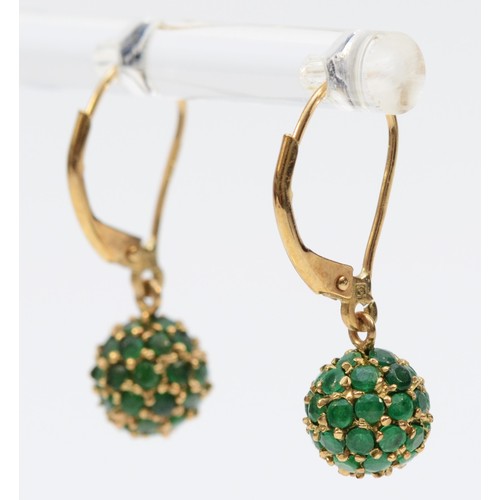 127 - A pair of 9ct gold emerald drop pave earrings, lever backs, 6mm, 2.2g