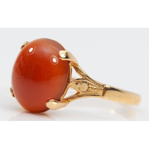 131 - A 9ct gold cabochon cut carnelian dress ring, maker A+C, 3g