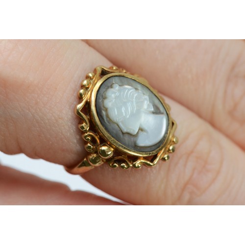 141 - A 10k gold vintage mother of pearl cameo dress ring, 20mm front, Q, 4.2g