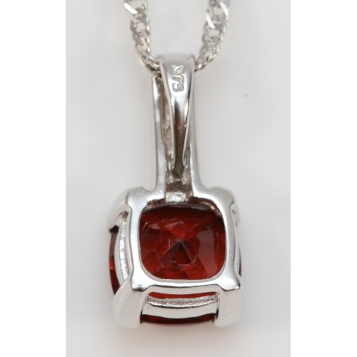 146 - A 9ct white gold garnet and diamond pendant with twist chain, 7mm x 7mm garnet, 15mm total drop, 3.0... 