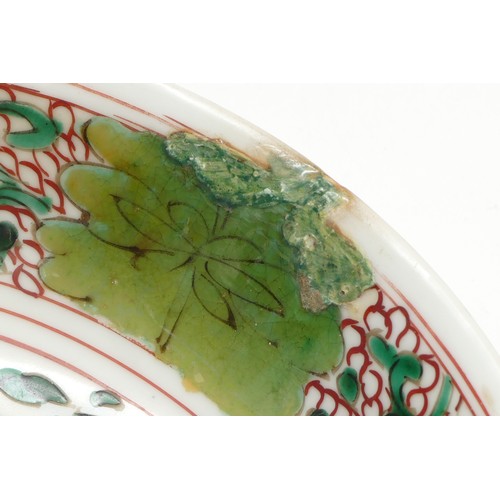 325 - A Chinese Kangxi period famile verte shallow bowl, with blue leaf mark, diameter 21.5cm and a blue f... 