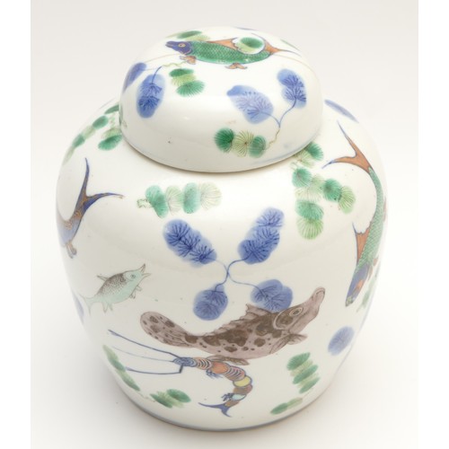 326 - A Chinese Qing period ginger jar and cover, decorated with various fish including koi carp, a crab a... 