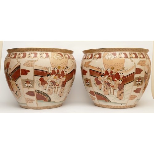 330 - A Japanese Satsuma pair of large fish bowls, the exterior decorated with four panels of domestic sce... 