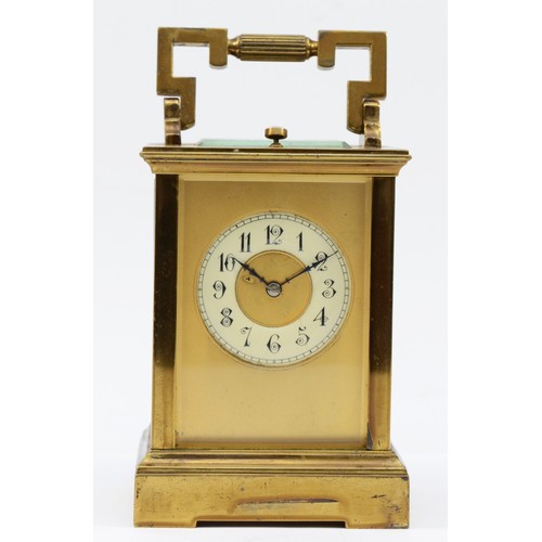 336 - A repeating and striking carriage clock, striking the half and full hours, 15cm, working when catalo... 