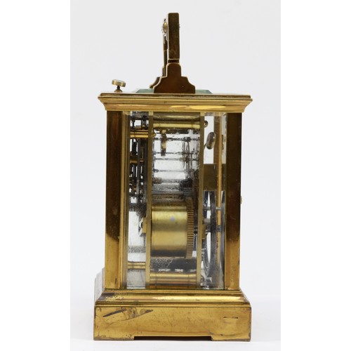 336 - A repeating and striking carriage clock, striking the half and full hours, 15cm, working when catalo... 