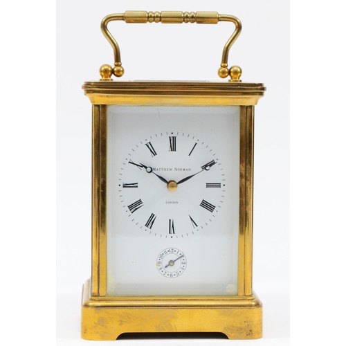 337 - Matthew Norman, London, a Swiss alarm carriage timepiece, white enamel dial, 11 jewel unadjusted mov... 