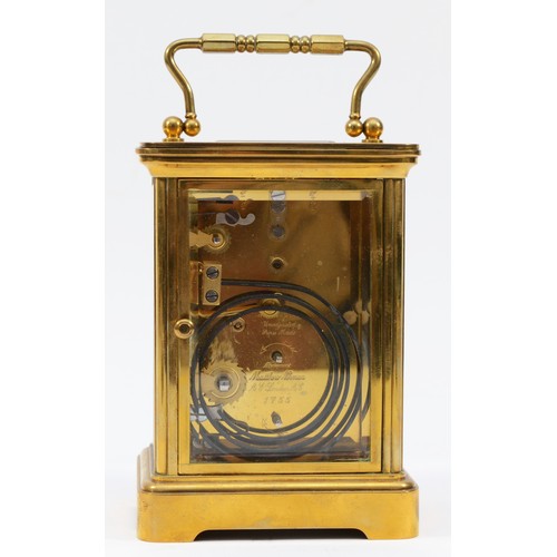 337 - Matthew Norman, London, a Swiss alarm carriage timepiece, white enamel dial, 11 jewel unadjusted mov... 