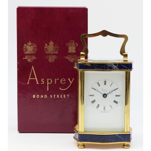 340 - Asprey, a lapis lazuli and brass carriage timepiece, with white enamel dial and shaped case, movemen... 