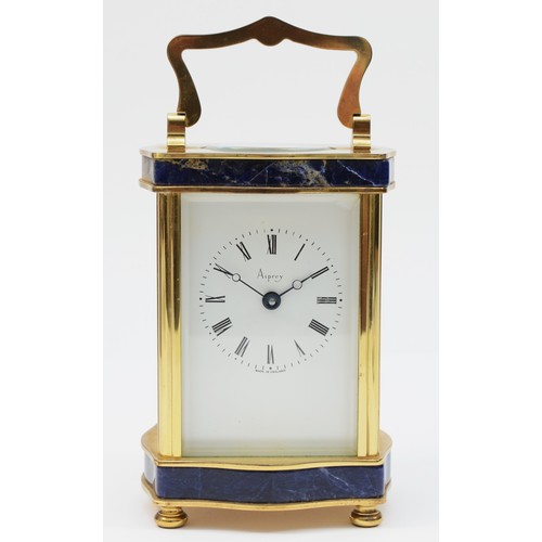 340 - Asprey, a lapis lazuli and brass carriage timepiece, with white enamel dial and shaped case, movemen... 