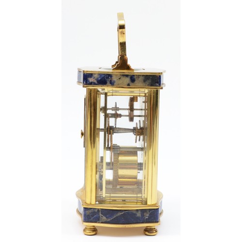 340 - Asprey, a lapis lazuli and brass carriage timepiece, with white enamel dial and shaped case, movemen... 