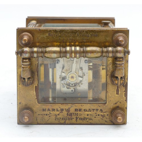 342 - Of Royal Chester Rowing Club interest; a Victorian brass carriage time piece, with ornate case, key,... 