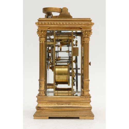 344 - A French 19th century brass repeating and striking carriage clock, white enamel dial, the movement s... 