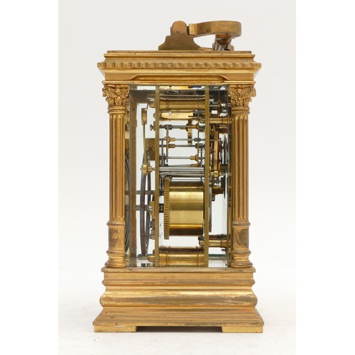 344 - A French 19th century brass repeating and striking carriage clock, white enamel dial, the movement s... 