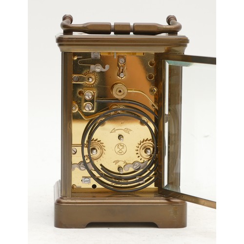 346 - L'Epee, a French 20th century brass repeating, alarm and striking carriage clock, white enamel dial,... 