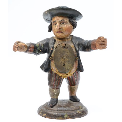 349 - A late 19th century Black Forest novelty painted wood figural clock, with 17th century style clock i... 