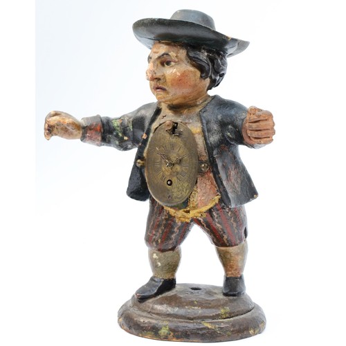 349 - A late 19th century Black Forest novelty painted wood figural clock, with 17th century style clock i... 