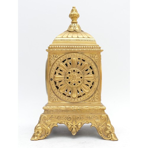 355 - A late 19th century French cast gilt brass mantel clock, with pierced side panels, 29cm.
Not working... 