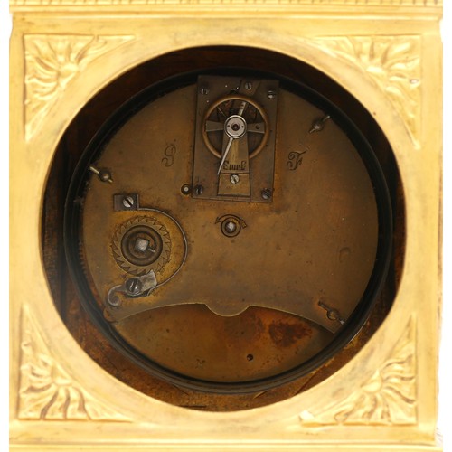 355 - A late 19th century French cast gilt brass mantel clock, with pierced side panels, 29cm.
Not working... 