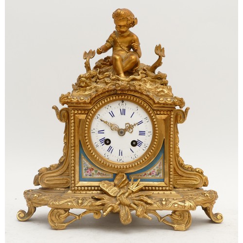 357 - A French 19th century ormolu and porcelain panel mantel clock, the white enamel dial with blue Roman... 